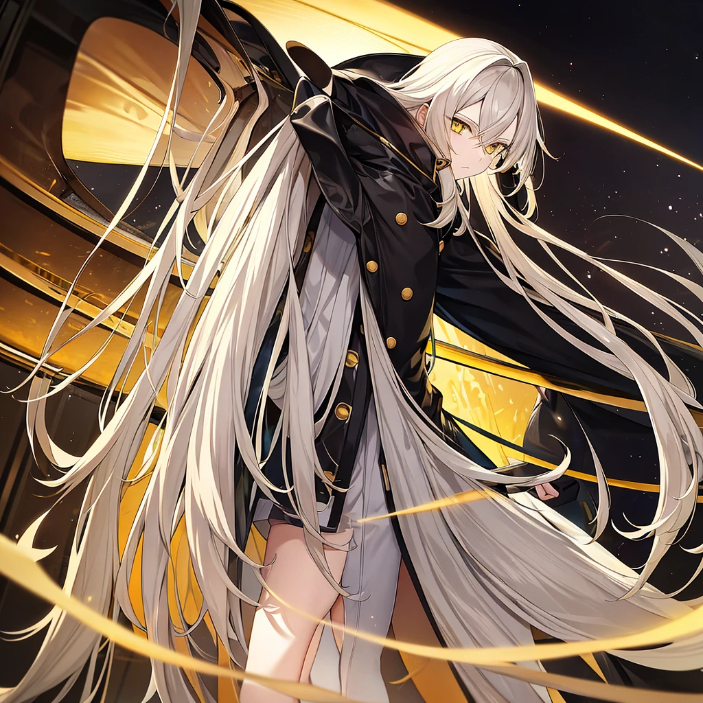  Generate an anime-style boy with long white hair , with yellow and reptilian eyes ,  dressed in a long black trench coat with golden rays