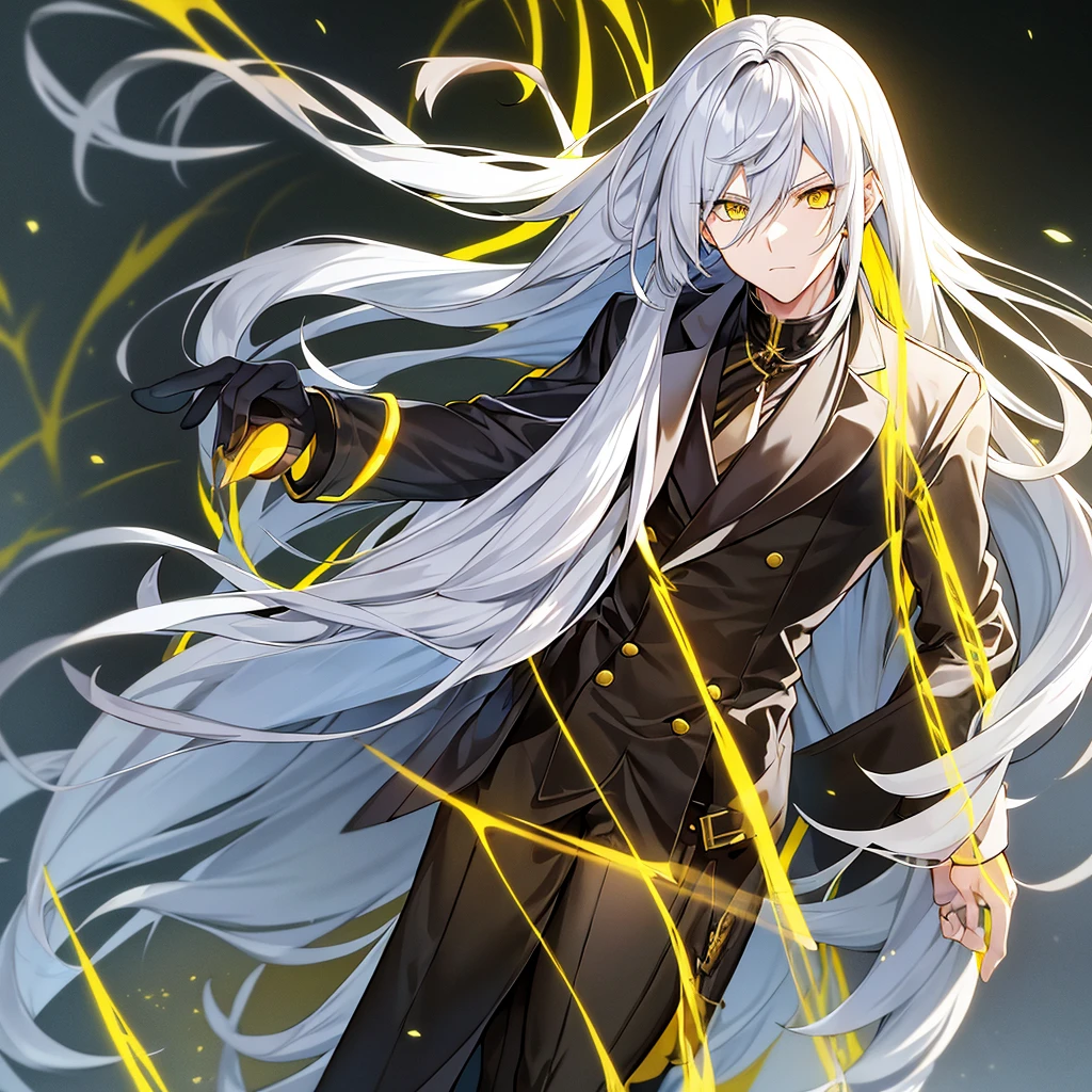  Generate an anime-style boy with long white hair , with yellow and reptilian eyes ,  dressed in a long black trench coat with golden rays