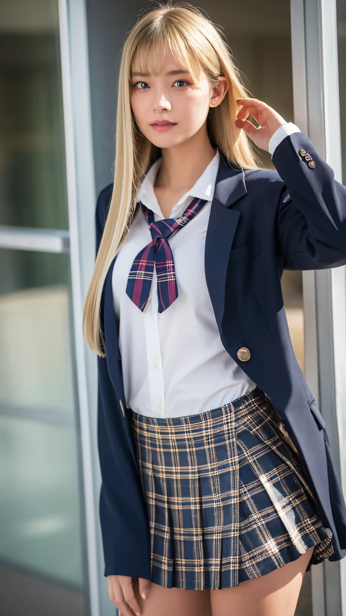 (Highest quality, 4K, 8k, High resolution, masterpiece, Genuine, Realistic, Realistic:1.3), (upper body), Girl standing in a school changingroomand touching skirt, blue neckerchief Uniform, Dark Blown Blazer, blown plaid skirt, Ear piercing, Gal Makeup, wearing white callored shirts, ((blonde straight long hair:1.3)), gold bracelets, 18-year-old, A small smile,Thighs, knees, From below, having pinching skirt:0.7, open legs:0.8, 