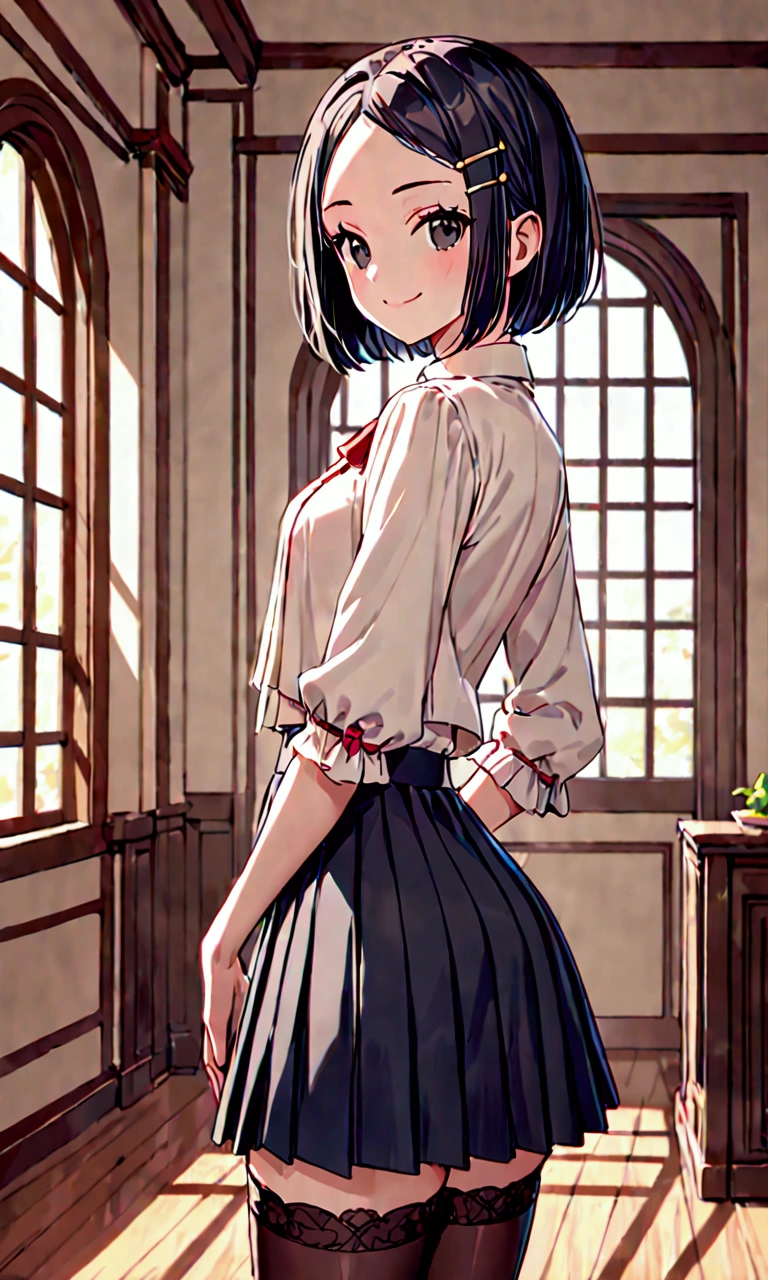 (masterpiece)(best quality)(ultra detailed)(high resolution),solo  girl, black hair short hair, bob cut, (forehead:1.2)(hairpin in center parted bangs:1.2), black eyes, slender body, medium hip, smile, spencer jacket, blouse, pleat skirt, stockings, upper body above knees, standing proud, from side, pose of looking back, indoors,