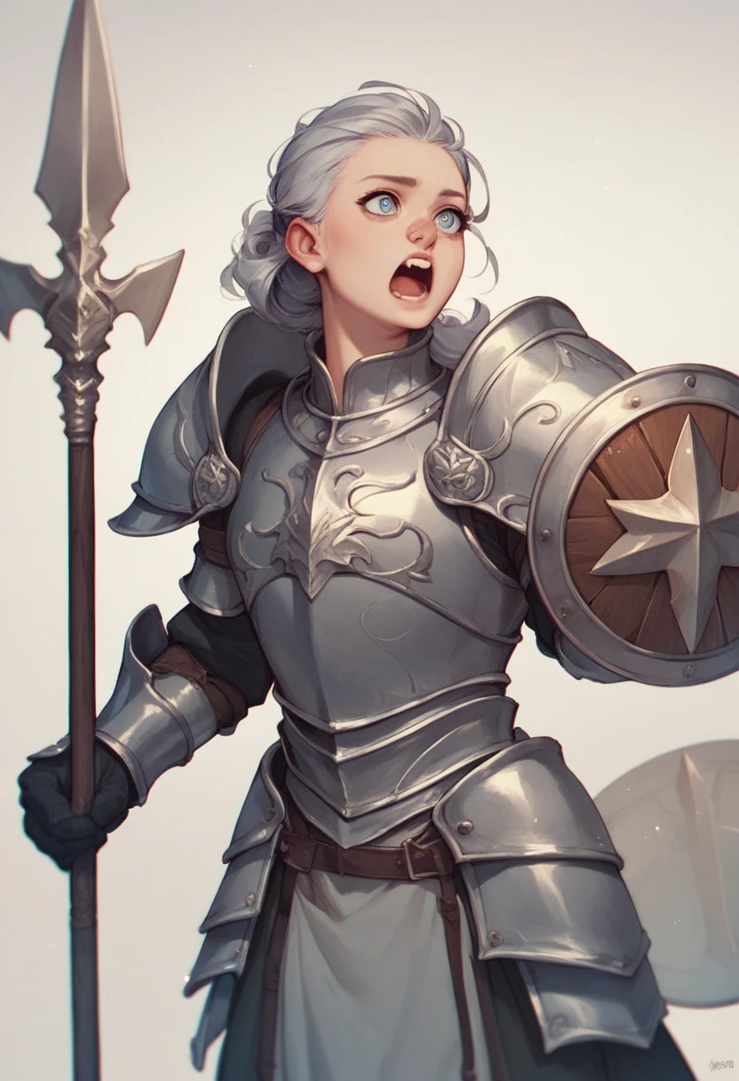  fantasy ,Princess,Silver Armor, long spear and small shield,A friendly expression ,Small open mouth,Shaped nose、Clear Eyes