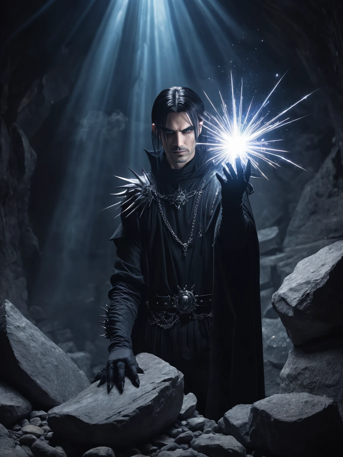 a goth man with a claw glove with a long fingers emmits a beam, a beam cuts a rock, spark, fantasy, beam form the hand, mining a stone with a beam, man outlook is a dark goth fantasy style
