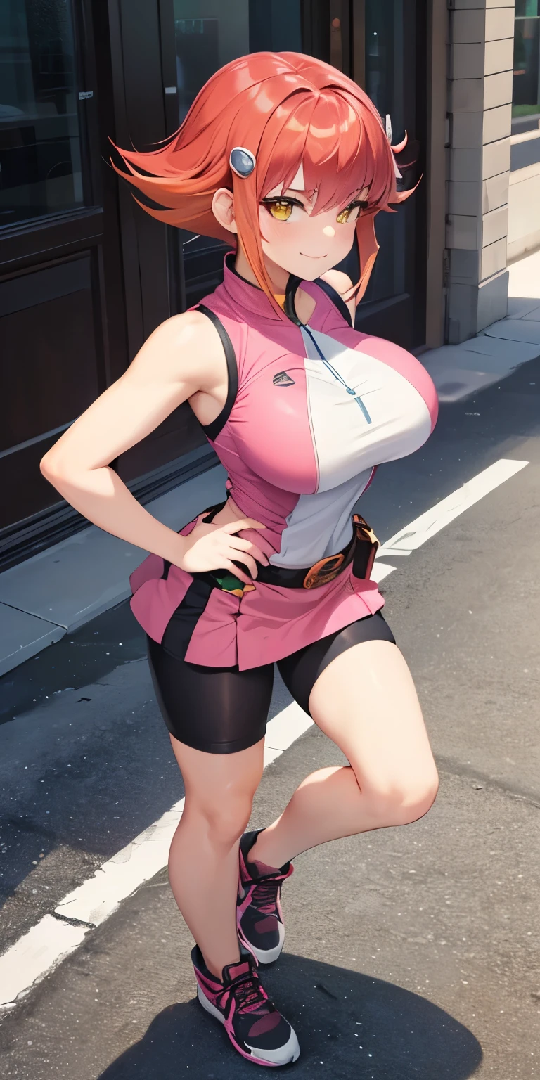 1 Female,High definition,high resolution,Ultra-realistic,8K, Annadef, 1girl, solo, multicolored hair, two-tone hair, hair ornament, yellow eyes, short hair, pink hair, red hair, orange hair, large breasts, breasts, smile, shorts, sleeveless, belt, black shorts, bike shorts,pink skirt,black shoes,European,sexy,Upper body close-up,Photographed from the front,Dynamic Angles,blush, medium tits ,(top view),(full body), perfect face,cute face,perfect face,cute face,ultra high definition, detailed face,8k, multicolored hair 