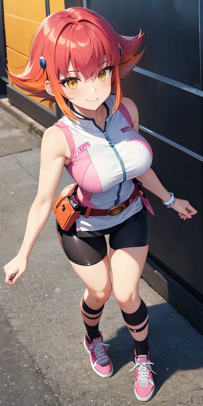 1 Female,High definition,high resolution,Ultra-realistic,8K, Annadef, 1girl, solo, multicolored hair, two-tone hair, hair ornament, yellow eyes, short hair, pink hair, red hair, orange hair, large breasts, breasts, smile, shorts, sleeveless, belt, black shorts, bike shorts,pink skirt,black shoes,European,sexy,Upper body close-up,Photographed from the front,Dynamic Angles,blush, medium tits ,(top view),(full body), perfect face,cute face,perfect face,cute face,ultra high definition, detailed face,8k, multicolored hair 