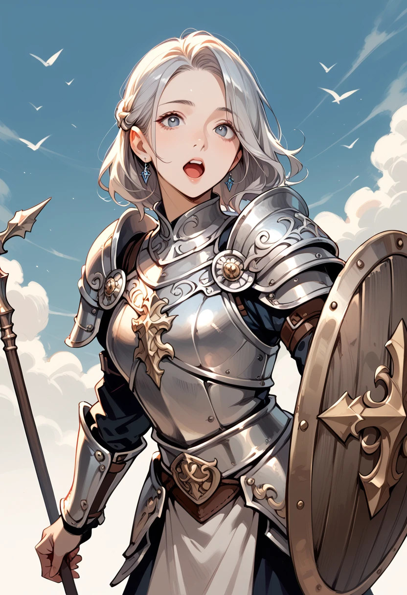  fantasy ,Princess,Silver Armor, long spear and small shield,A friendly expression ,Small open mouth,Shaped nose、Clear Eyes