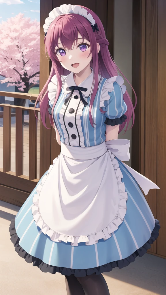 masterpiece, best quality, highres, 1girl, solo, long hair, purple hair, braid, maid headdress, purple eyes, neck ribbon, frills, vertical stripes, blue dress, short sleeves, apron, black pantyhose, arms behind back, smile, open mouth, standing, cowboy shot, leaning forward, outdoors, cherry blossoms,