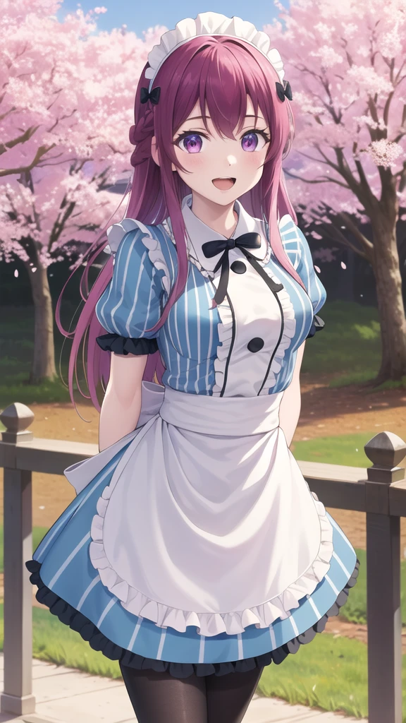 masterpiece, best quality, highres, 1girl, solo, long hair, purple hair, braid, maid headdress, purple eyes, neck ribbon, frills, vertical stripes, blue dress, short sleeves, apron, black pantyhose, arms behind back, smile, open mouth, standing, cowboy shot, leaning forward, outdoors, cherry blossoms,