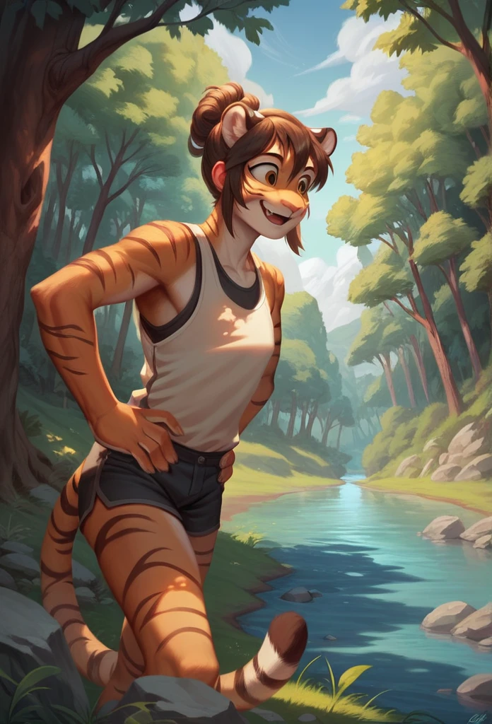 A tiger, with sleeveless suit, Hairstyle (Pompadour), stopped, in a forest, trees, rocks, river, bottom, Smiling, happy, detailed youthful face, ojos detailed, hands on hips, detailed, High quality, 4k.