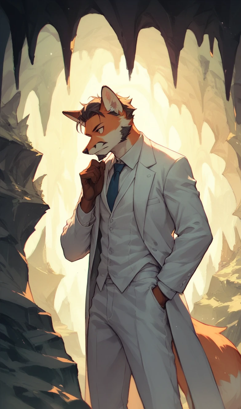 A fox cave, with short beard, white suit, Pompadour hairstyle standing at night in low lighting.