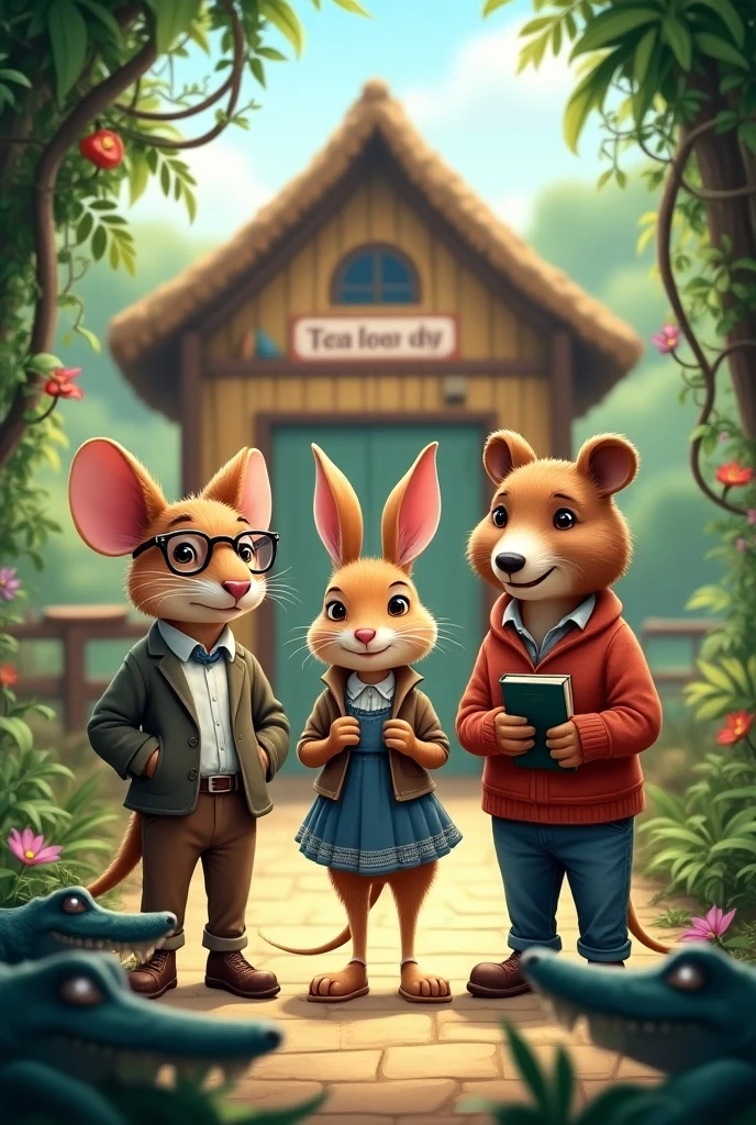 Book cover with anthropomorphic animals . a male mouse dressed as a teacher . A rabbit dressed as a teacher .  a female bear dressed as a teacher. against a background of a jungle school building and three crocodiles stalking