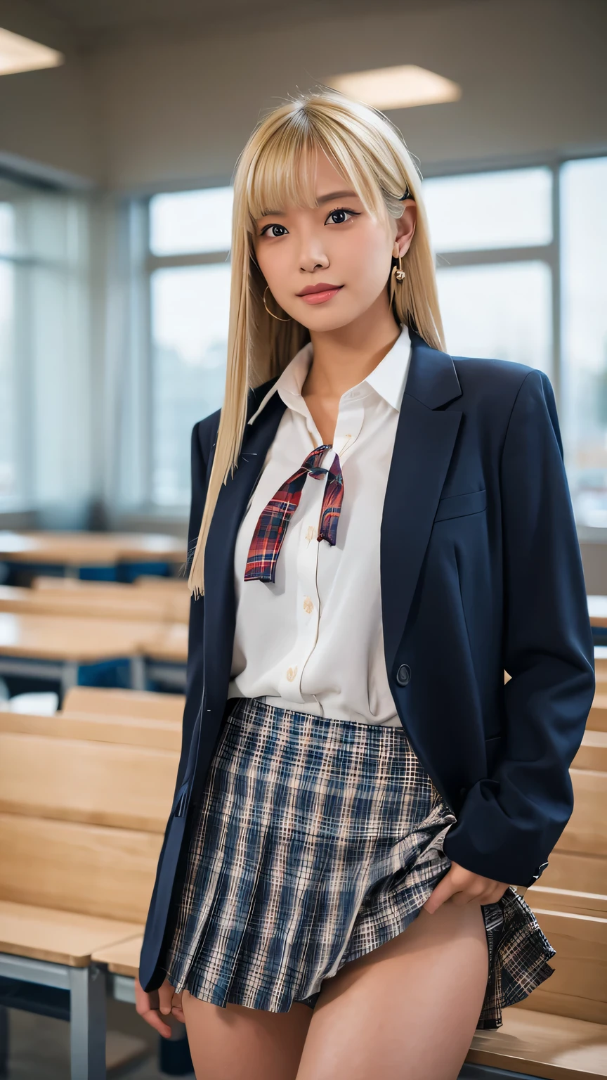 (Highest quality, 4K, 8k, High resolution, masterpiece, Genuine, Realistic, Realistic:1.3), (upper body, front shot), Girl standing in a school changingroom and touching skirt, blue neckerchief Uniform, Dark Blown Blazer, blown plaid skirt, Ear piercing, Gal Makeup, wearing white callored shirts, ((blonde straight long hair:1.3)), gold bracelets, 18-year-old, A small smile,Thighs, knees, From below, having pinching skirt:0.7, open legs:0.8, 