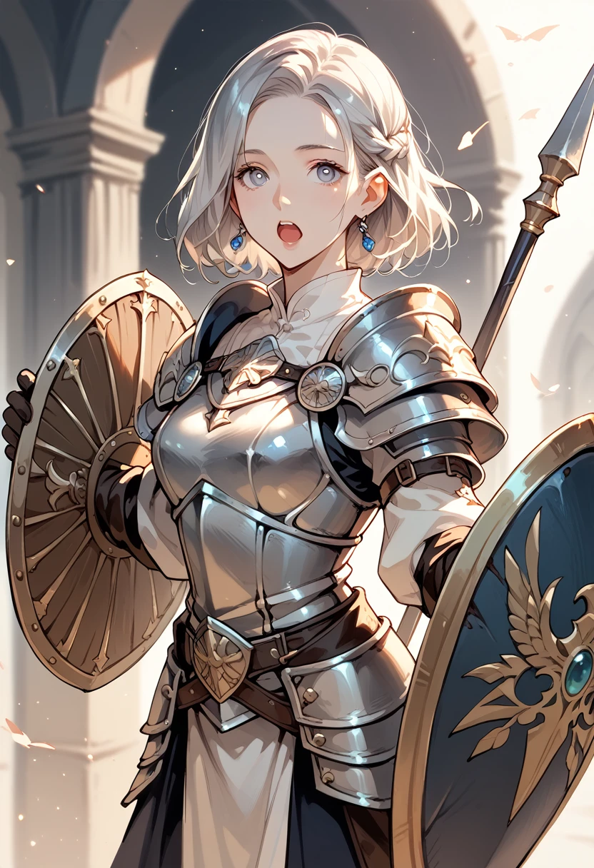  fantasy ,Princess,Silver Armor, long spear and small shield,A friendly expression ,Small open mouth,Shaped nose、Clear Eyes