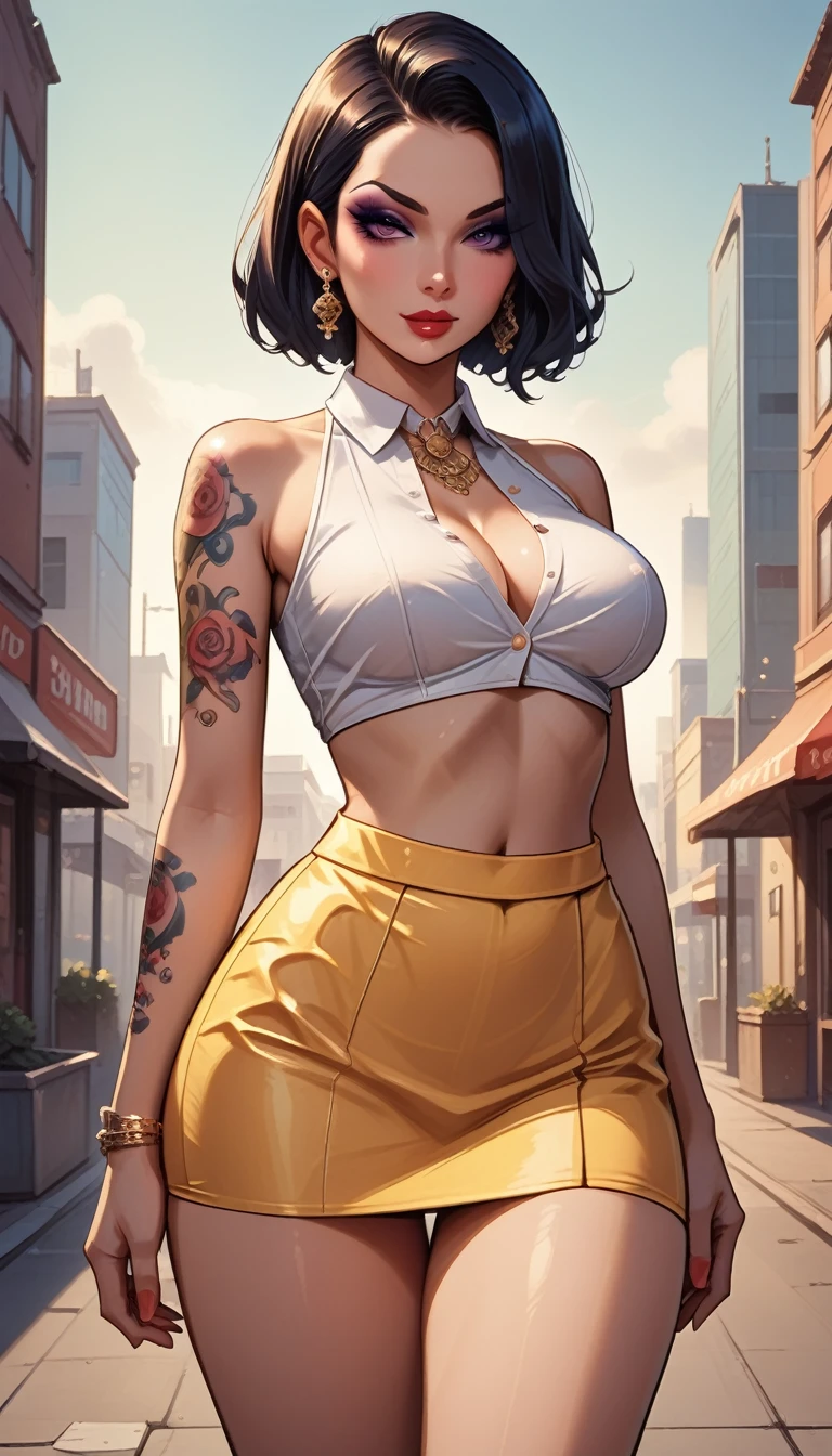  Madame Yakuza, with big breasts slim body, wearing a white blouse and tight mini skirt, hands around the waist,  long black hair , (mini skirt preta:1.2),makeup,  thick thighs ,tattoo,Authoritarian,standing straight, looking at the viewer, seductive_pose , only humiliates,  high resolution ,perfect anatomy