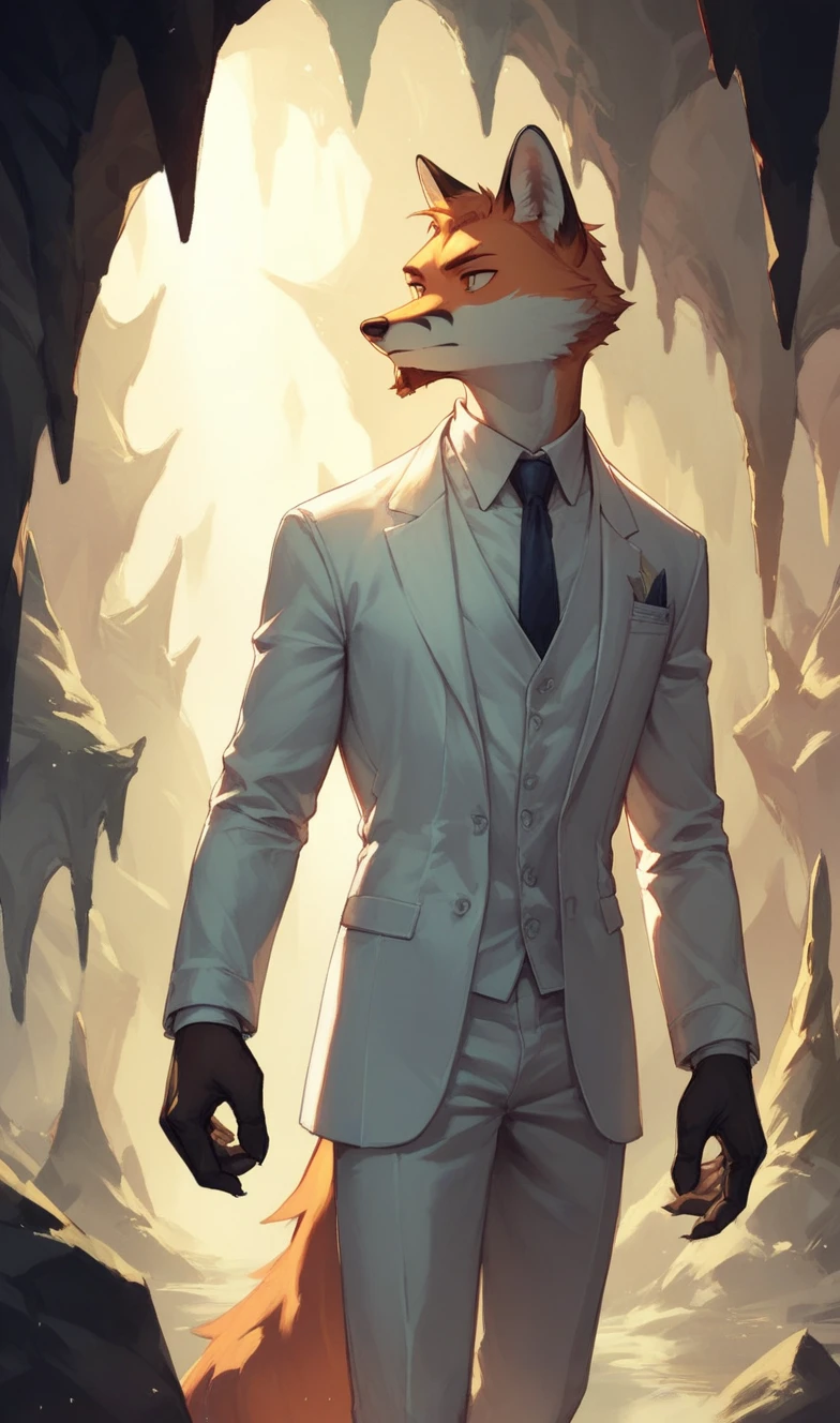 A fox cave, with short beard, white suit, Pompadour hairstyle standing at night in low lighting.