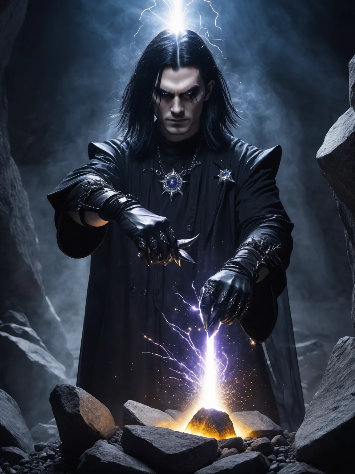 a goth man with a claw glove with a long fingers emmits a beam, a beam cuts a rock, spark, fantasy, beam form the hand, mining a stone with a beam, man outlook is a dark goth fantasy style