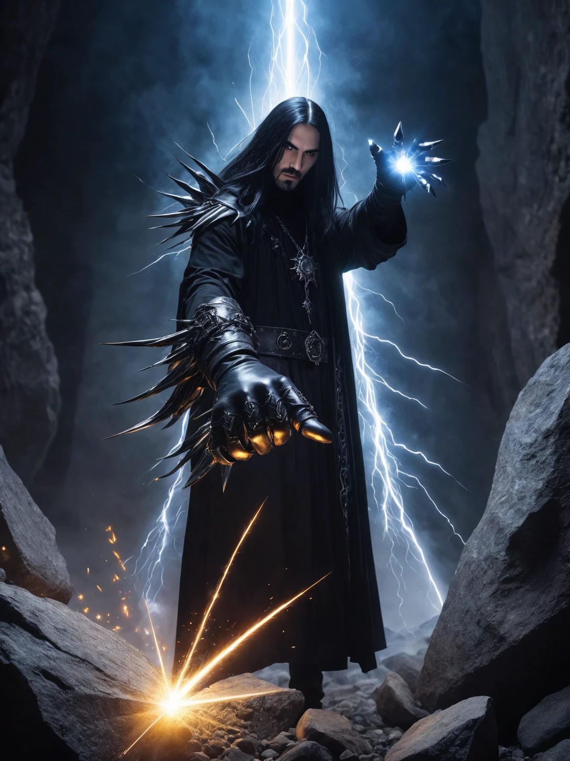 a goth man with a claw glove with a long fingers emmits a beam, a beam cuts a rock, spark, fantasy, beam form the hand, mining a stone with a beam, man outlook is a dark goth fantasy style