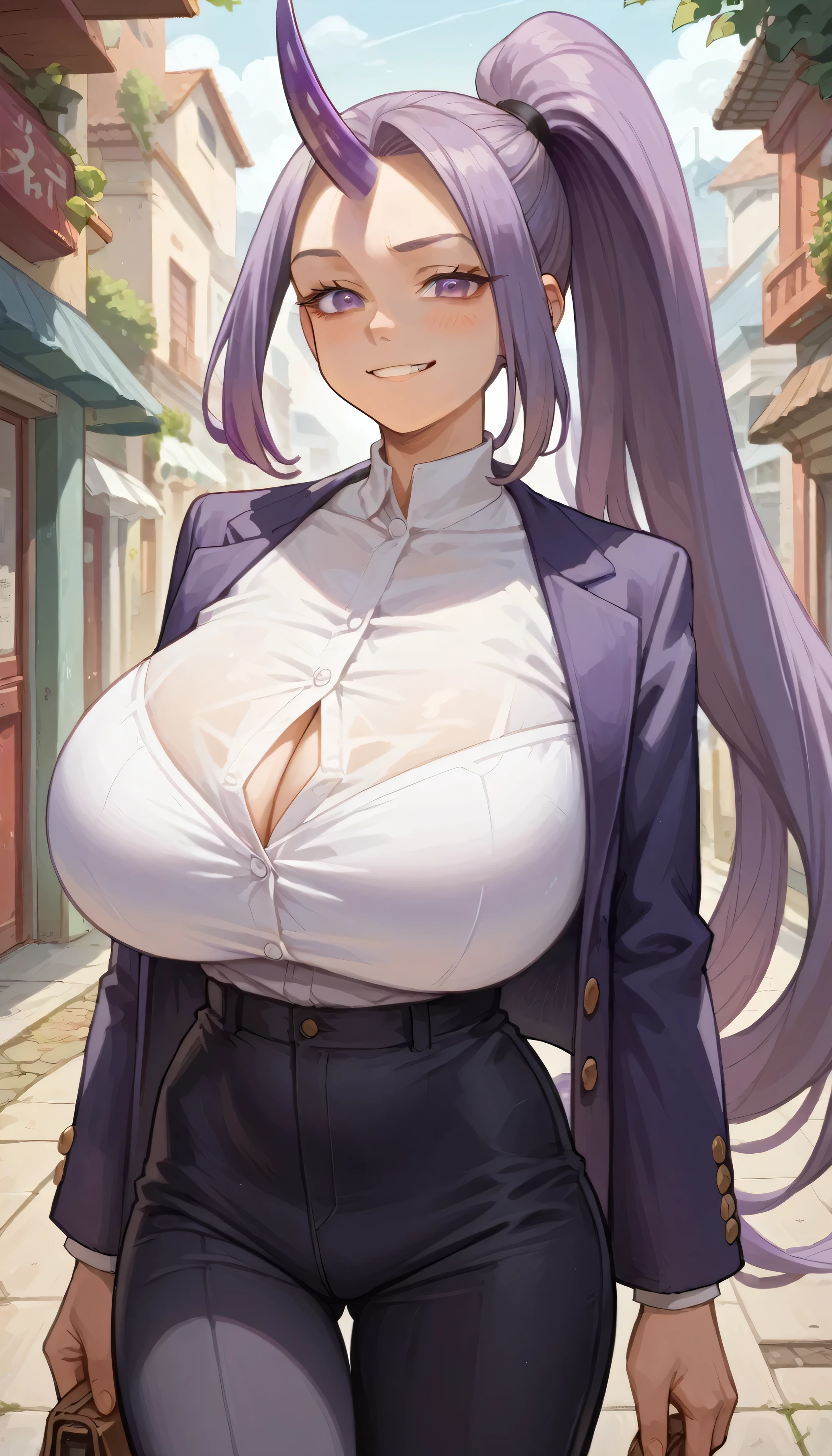 Shion from Slime anime, long lavender ponytail with long parted bangs, purple eyes, tall, adult sexy curvy body, slim waist, beautiful woman, ((single dark purple horn on forehead)), gigantic breasts, wearing purple blazer and pants, smirking, looking at viewer