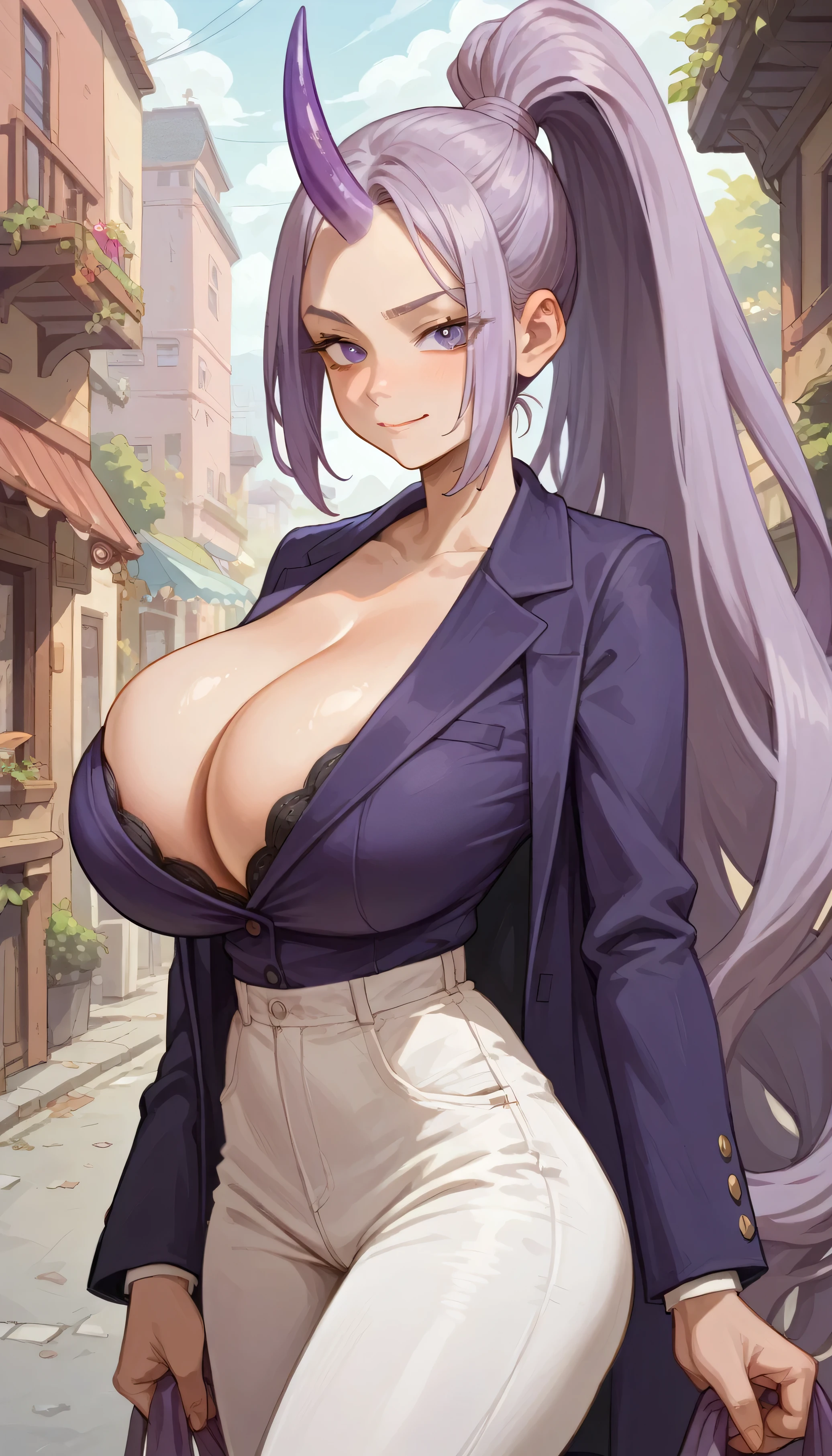 Shion from Slime anime, long lavender ponytail with long parted bangs, purple eyes, tall, adult sexy curvy body, slim waist, beautiful woman, ((single dark purple horn on forehead)), gigantic breasts, wearing purple blazer and pants, smirking, looking at viewer