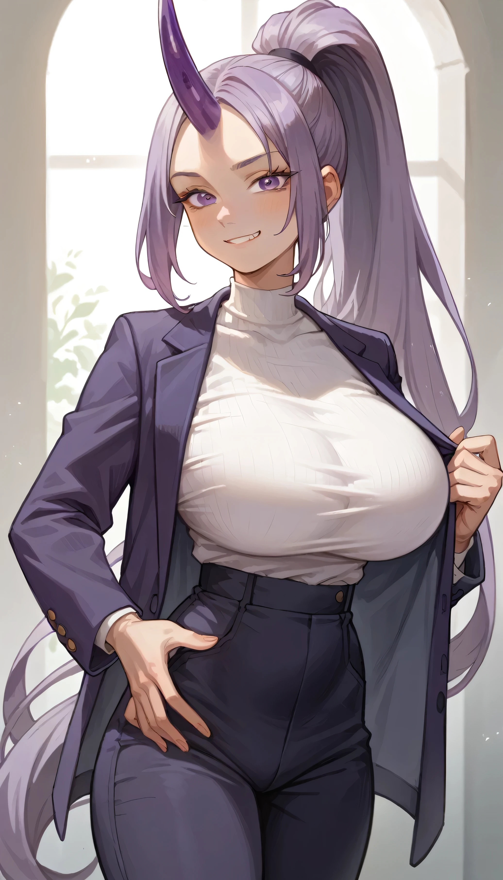 Shion from Slime anime, long lavender ponytail with long parted bangs, purple eyes, tall, adult sexy curvy body, slim waist, beautiful woman, ((single dark purple horn on forehead)), gigantic breasts, wearing purple blazer and pants, smirking, looking at viewer