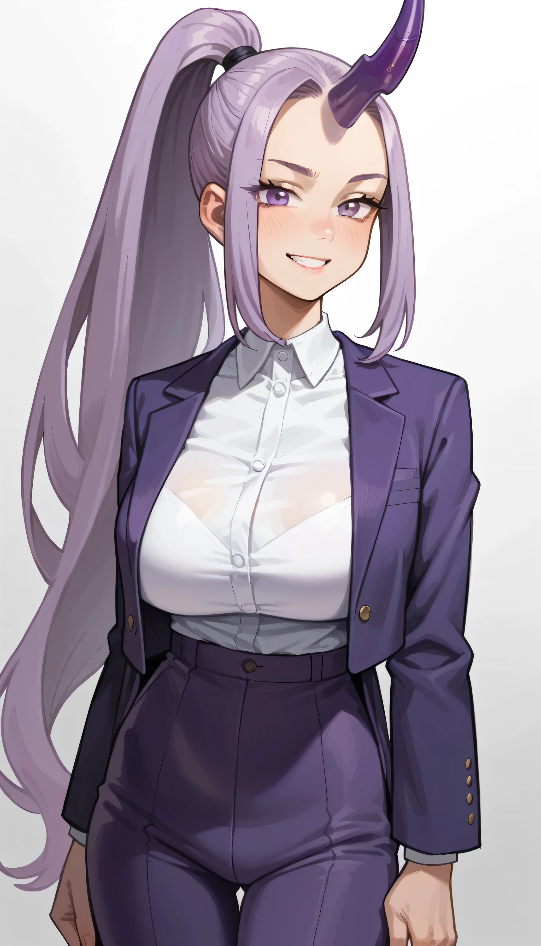 Shion from Slime anime, long lavender ponytail with long parted bangs, purple eyes, tall, adult sexy curvy body, slim waist, beautiful woman, ((single dark purple horn on forehead)), gigantic breasts, wearing purple blazer and pants, smirking, looking at viewer, small head