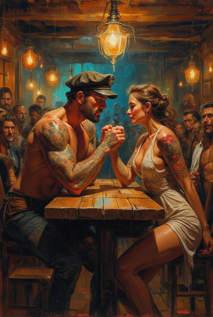 A very realistic illustration in the tavern of the Port frequented by sailor ragamuffins and prostitutes in a narrow and low banquet in worn and tarred wood, there is an epic contest of arm-wrestling between the strong and imposing full of vintage tattoos from Sailor with uniform and hat from seaman Casimiro and the beautiful innkeeper Titina, Titina and a curly brown woman has a low-cut linen dress with fine floral decorations slender and sinuous body with blooming curves. They are both opposite each other and look with defiance and with obvious physical effort are both bent on the low banquet and you surprisingly me between astonishment and general dismay is winning against the man bigger and big than her