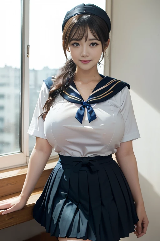 (超 high definition,4K, very detailed,   photos of cute blouses, 8k,  high definition,  high definition,  absurd:1.2), Japanese Women,10th Generation,expensive,  long black hair , beautiful character design,BEAUTIFUL DETAIL EYE DETAILS , perfect face, expressive eyes, Brown Eyes ,(smile),( sailor suit:1.5),(See-through bra:0.4),(  Dark Blue Pleated Skirt :1.5),(Big Breasts:1.4),( thin waist:1.1), standing , In an empty classroom ,Daytime