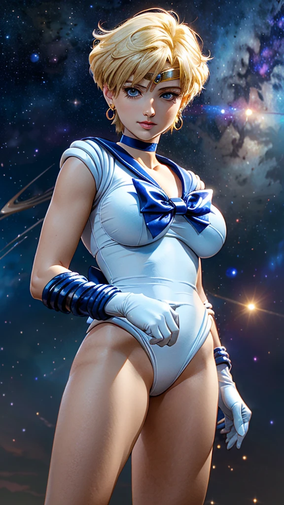 (ultra realistic,32k, masterpiece:1.2),(high detailed skin:1.1),( high quality:1.1),
1girl,(happy:1.1), solo, EPsmSailorUranus, short hair, blonde hair, blue eyes, bishoujo senshi sailor moon, blue choker, blue sailor collar, white swimsuit, bow, choker, earrings, gloves, highres, jewelry, outer senshi, sailor collar, sailor senshi, solo, very short hair, white gloves, yellow bow, galaxy (planet uranus:1.2) in background,, (looking at viewer, standing, from below:1.1),,(huge breast,large breast:1.1),(dynamic lighting:1.1),