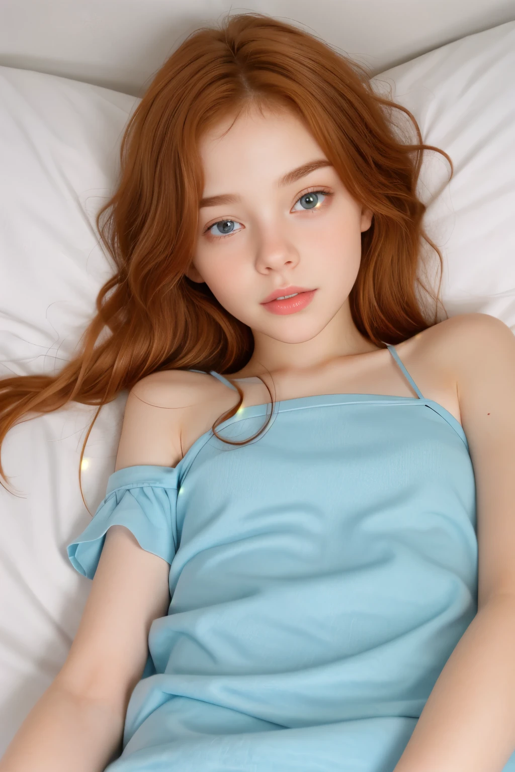 very young female human body anatomically perfect, ginger, lie down on bed, she is ready for sleep, wavy long hair, named Stephanie.
