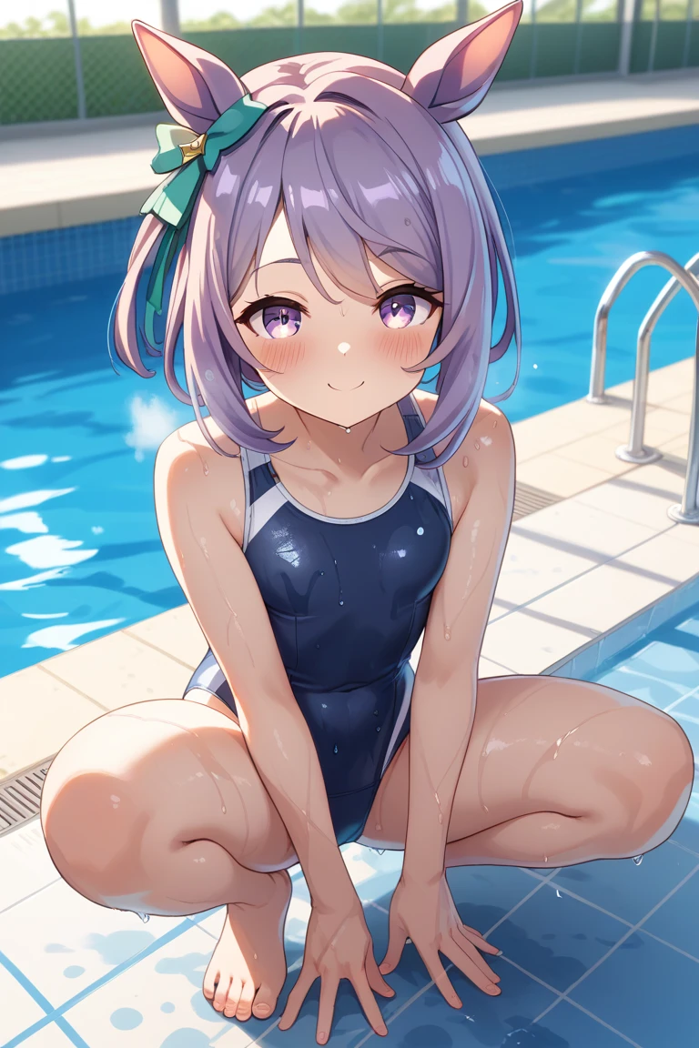 mejiro mcqueen \(umamusume\), 旧スク, sitting, squatting, leg_spread, very wet swimsuit, wet hair, naughty smile, blush, in heat, steam, poolside, masterpiece, best quality, ultra detailed, anime illustration, ideal anatomy, looking at viewer