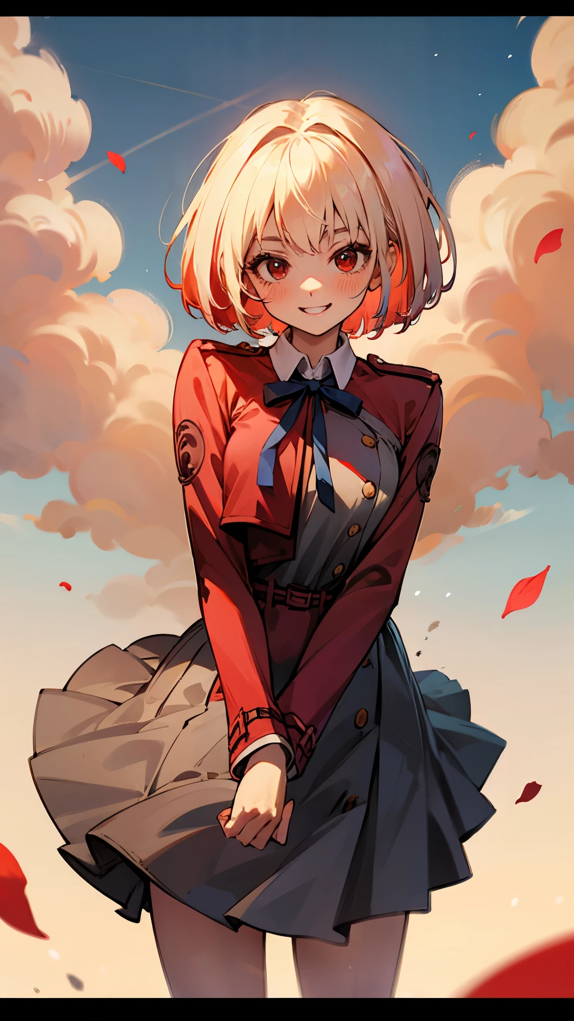 Masterpiece、Best Quality、woman、bangs、 platinum blonde 、Red Uniform、Red blush、Chest、 Y shirt、 cowboy shot、Dress shirt、 eyebrows visible from her hair、Bob Hair、Viewer Perspective、navy blue tie ribbon、Red Eye、Student Uniform、 red skirt 、smile、solo、petal、Stylish、colorful、 dynamic、Golden Hour Sky、Lighthouse Background