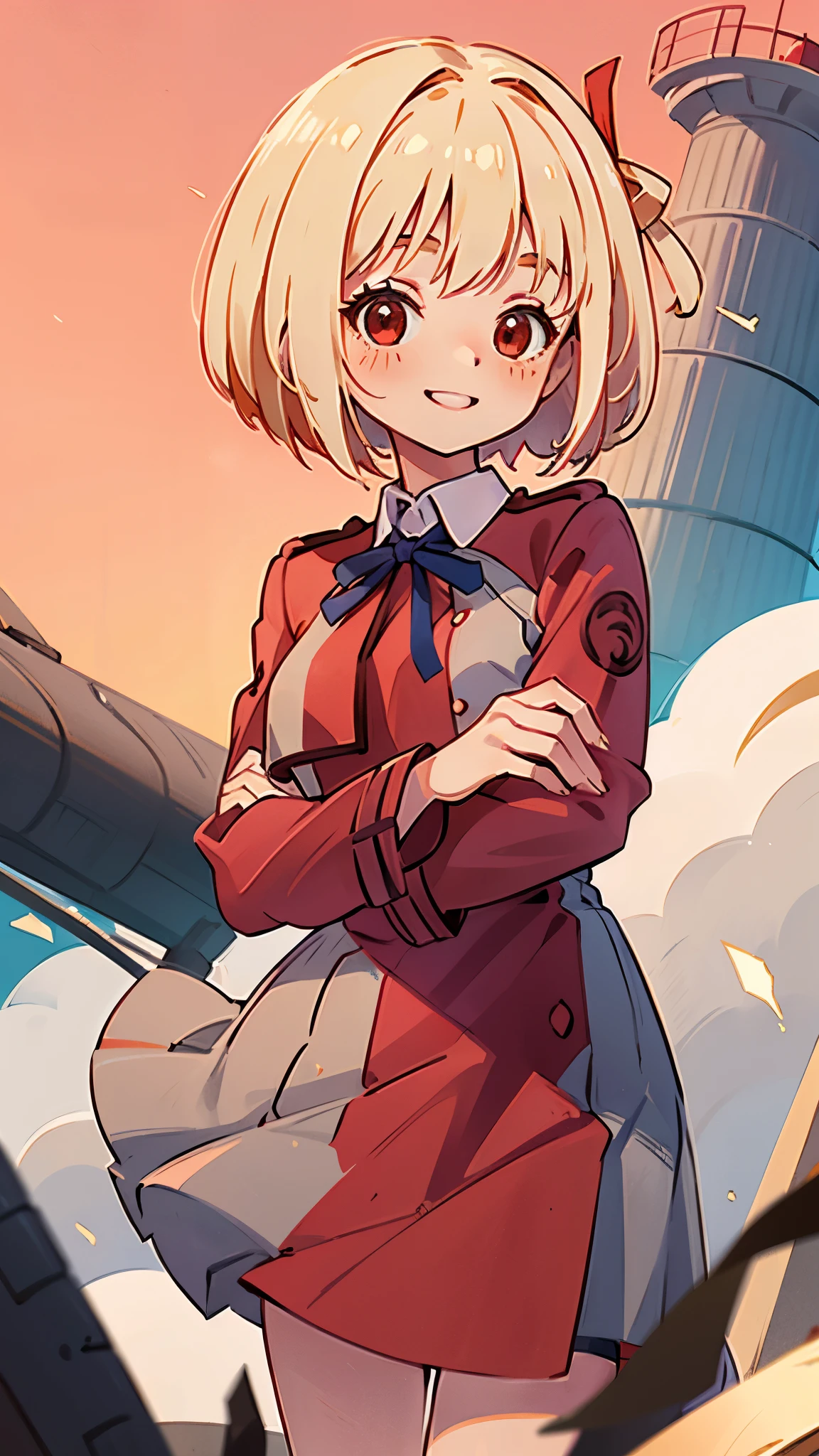 Masterpiece、Best Quality、woman、bangs、 platinum blonde 、Red Uniform、Red blush、Chest、 Y shirt、 cowboy shot、Dress shirt、 eyebrows visible from her hair、Bob Hair、Viewer Perspective、navy blue tie ribbon、Red Eye、Student Uniform、 red skirt 、smile、solo、Stylish、colorful、 dynamic、Golden Hour Sky、Lighthouse Background