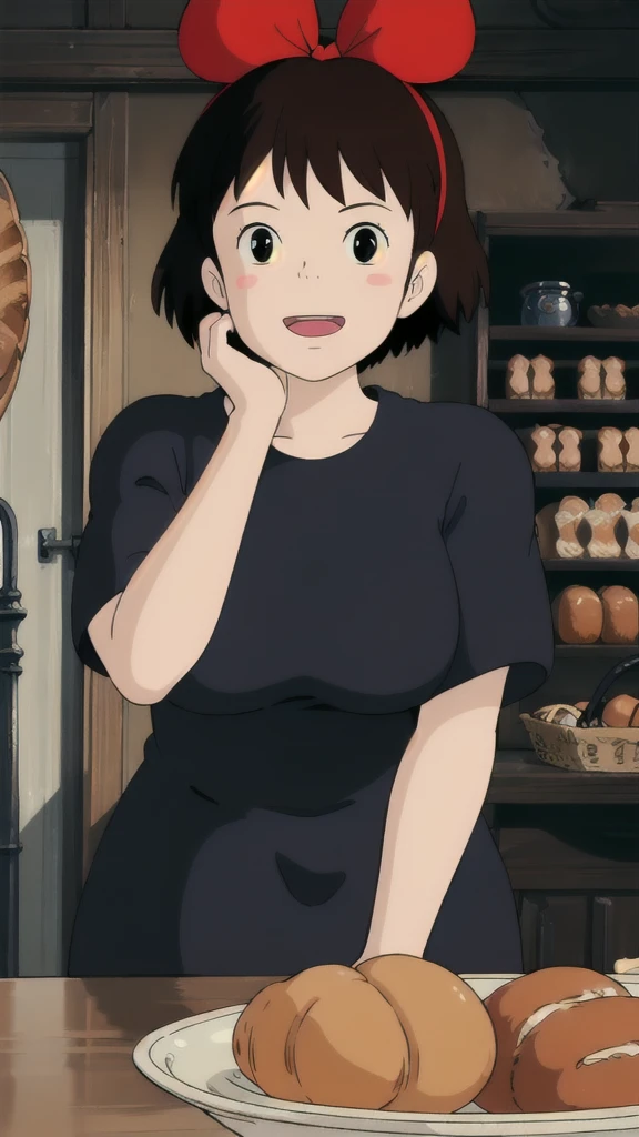 kiki, 1 girl, short hair,Brown Hair, black eyes, hair bow, big breasts at the temple, staring at you with cheek canes with both hands, black dress, upper body,Singing,smile,Headrest,indoor,Bakery,Totoro shaped pan ,Food,Sitting with cheek canes , tall counter table ,Alone,Parody,Little black cat,Gigi,8k, masterpiece, high definition, Best Quality,  Multiple awards ,  Ultra High Definition, Best Quality,  high definition model,  Motion Blur , 