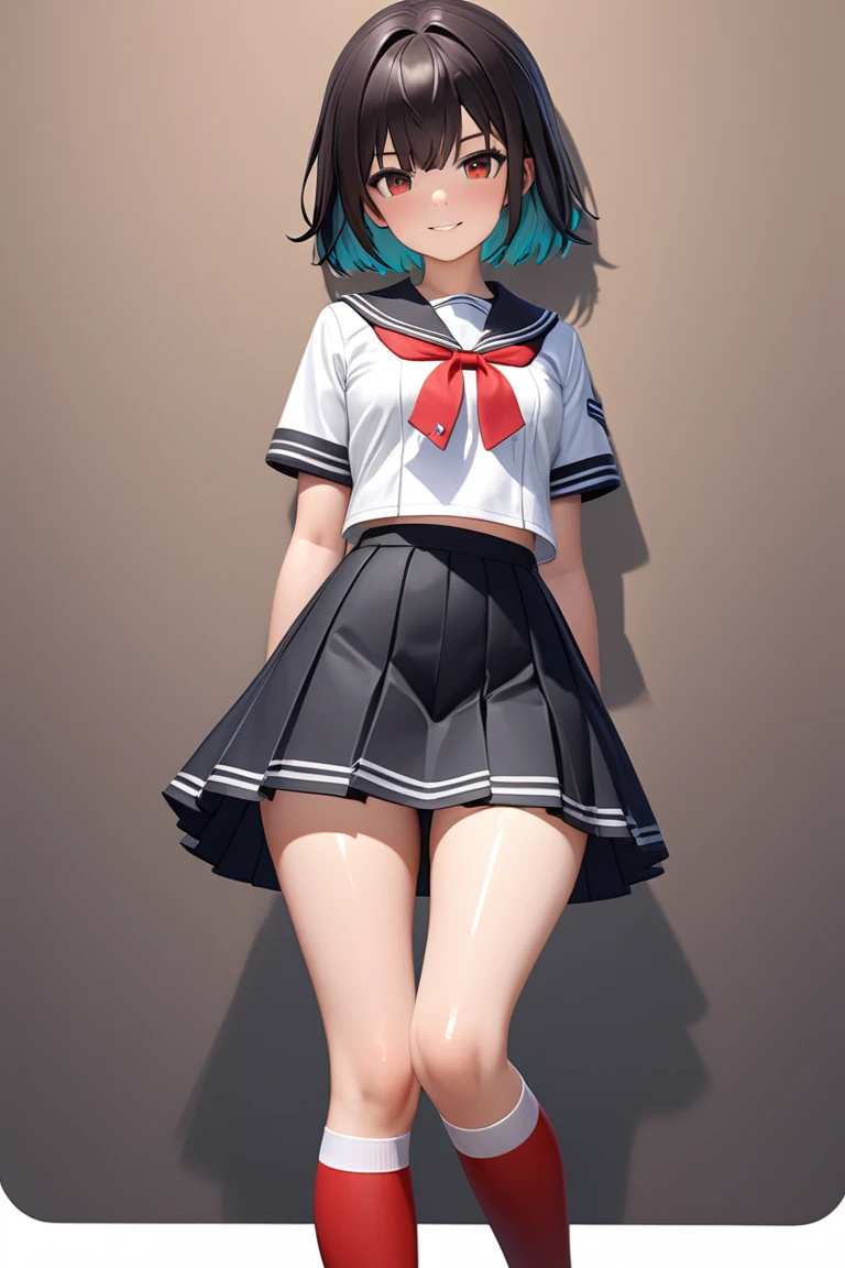 zzzellen, 2.5D, white sailor uniform, serafuku:1.31, red ribbon, white knee-high socks, black pleated microskirt, black loafers, jitome:1.34, shiny skin, smirk smile, thighhighs,looking at viewer