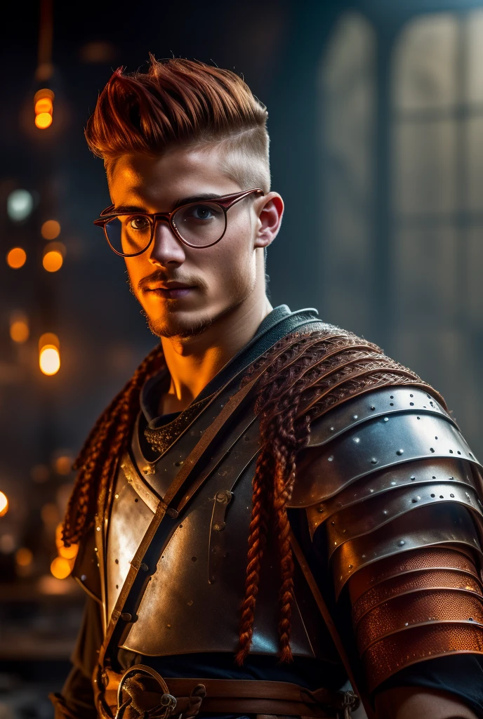 young male human-efreet artificer in his twenties with deep red skin. lights under his skin that resemble embers. hair reddish orange and glows like molten metal. Viking braided hair, shaved sides. round glasses. scale mail armor. background is industrial inventors workshop. epic fantasy, cinematic