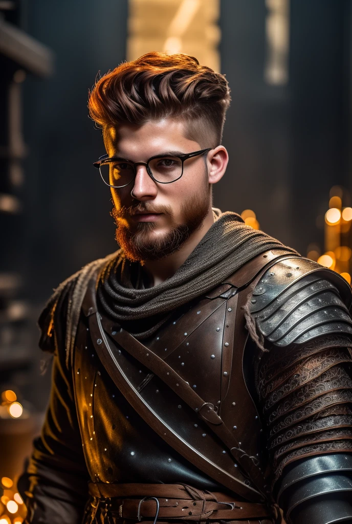 young male human-efreet artificer in his twenties with charcoal skin. lights under his skin that resemble embers. hair reddish orange and glows like molten metal. Viking braided hair, shaved sides. round glasses. scale mail armor. background is industrial inventors workshop. epic fantasy, cinematic