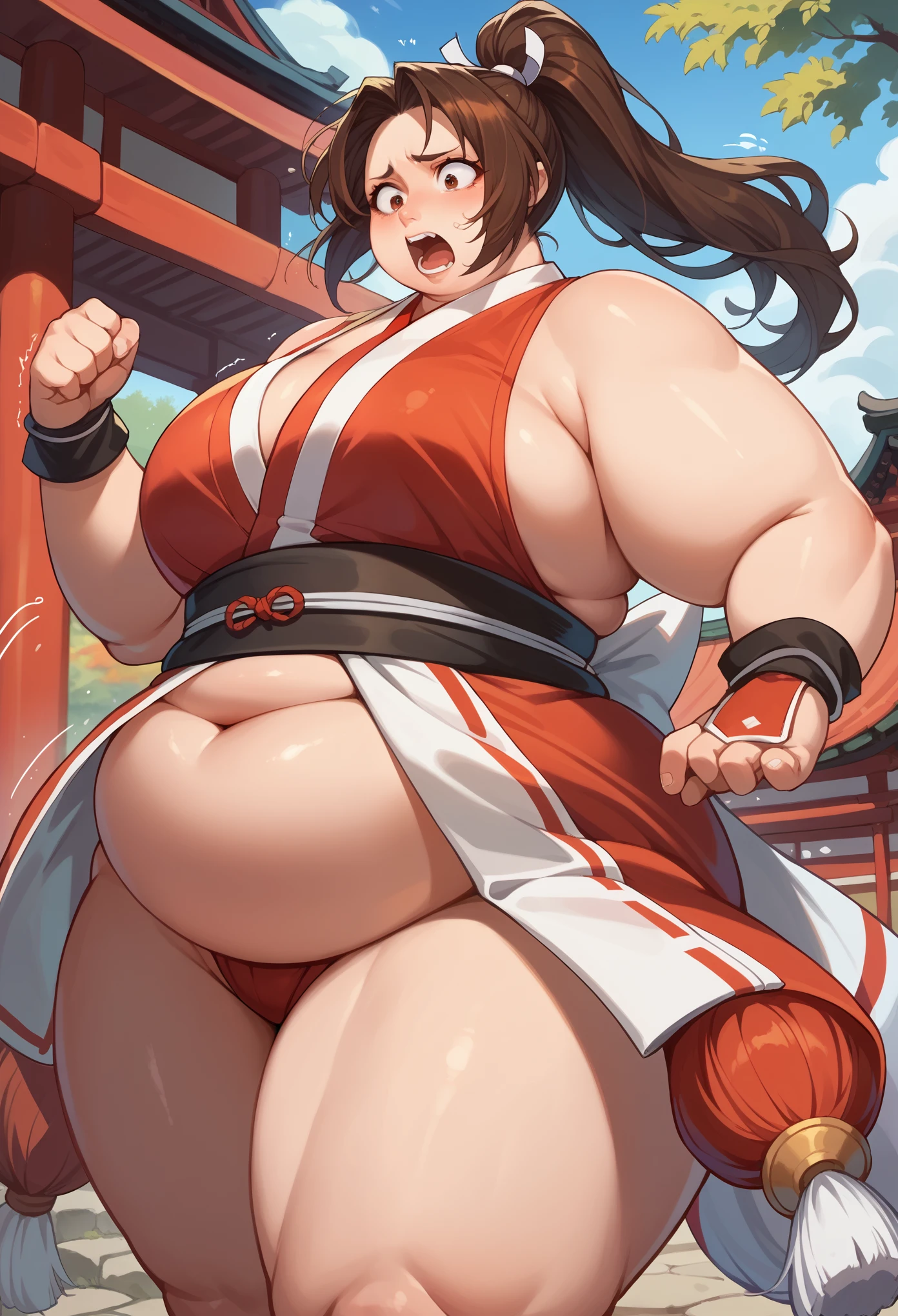 score_9, score_8_up, score_7_up, 1girl, solo, (:1.5), PonyShiranui, high ponytail, brown hair, brown eyes, japanese clothes, revealing clothes, one closed eye, standing, shaking, shocked face, screaming, looking down, japanese shrine, fat, chubby, obese, gigantic arms and legs 