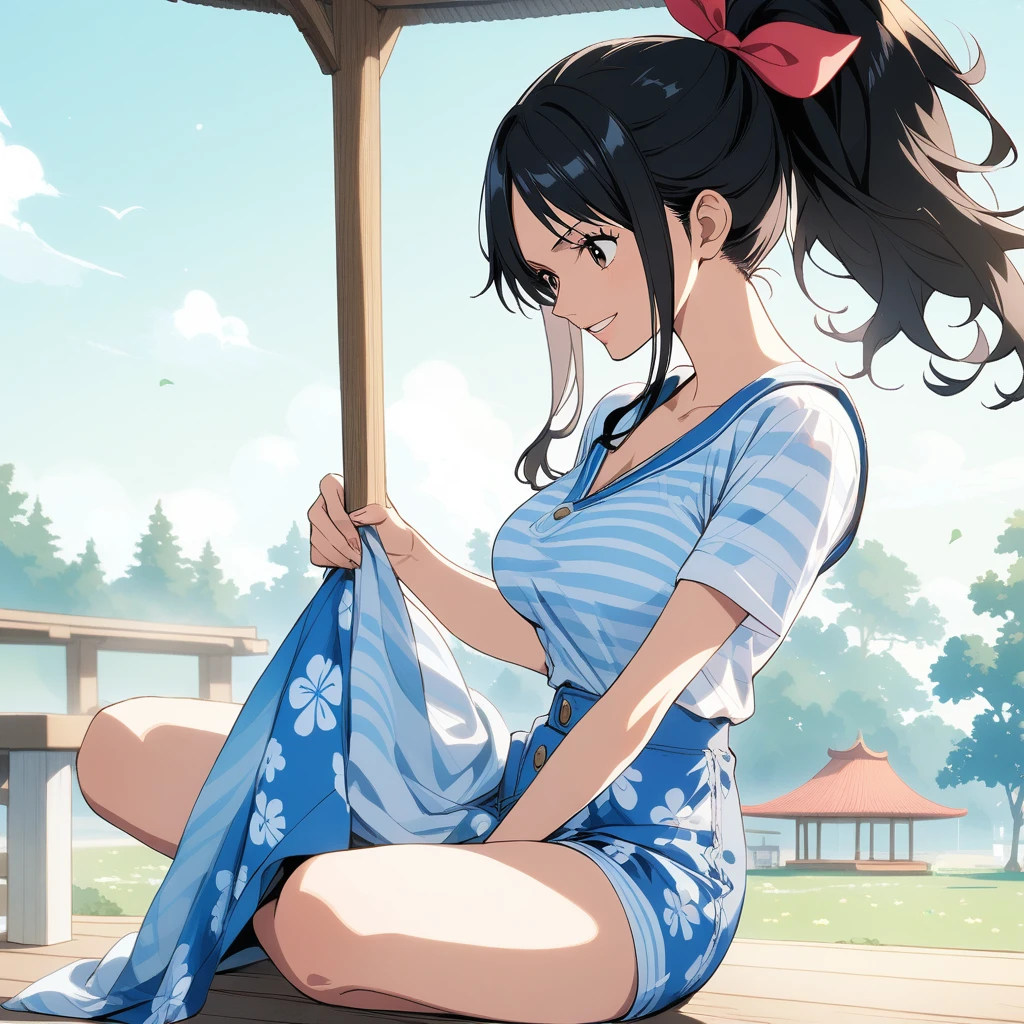 Black Hair, long hair, ponytail,one piece,pavilion,garden