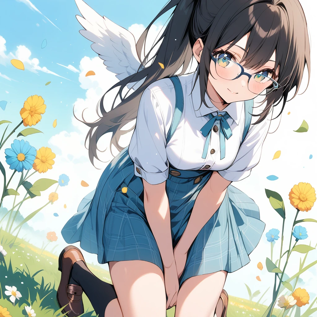 Black Hair, long hair, ponytail,Glasses,Angel,grassland,Flower Field