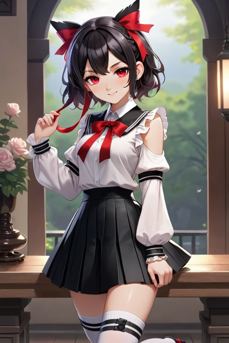 zzzellen, 2.5D, serafuku, red ribbon, white knee-high socks, black pleated microskirt, black loafers, jitome:1.34, shiny skin, evil smile, detached collar, thighhighs,frills,ribbon,arm garter,leg garter,wrist cuffs, looking at viewer