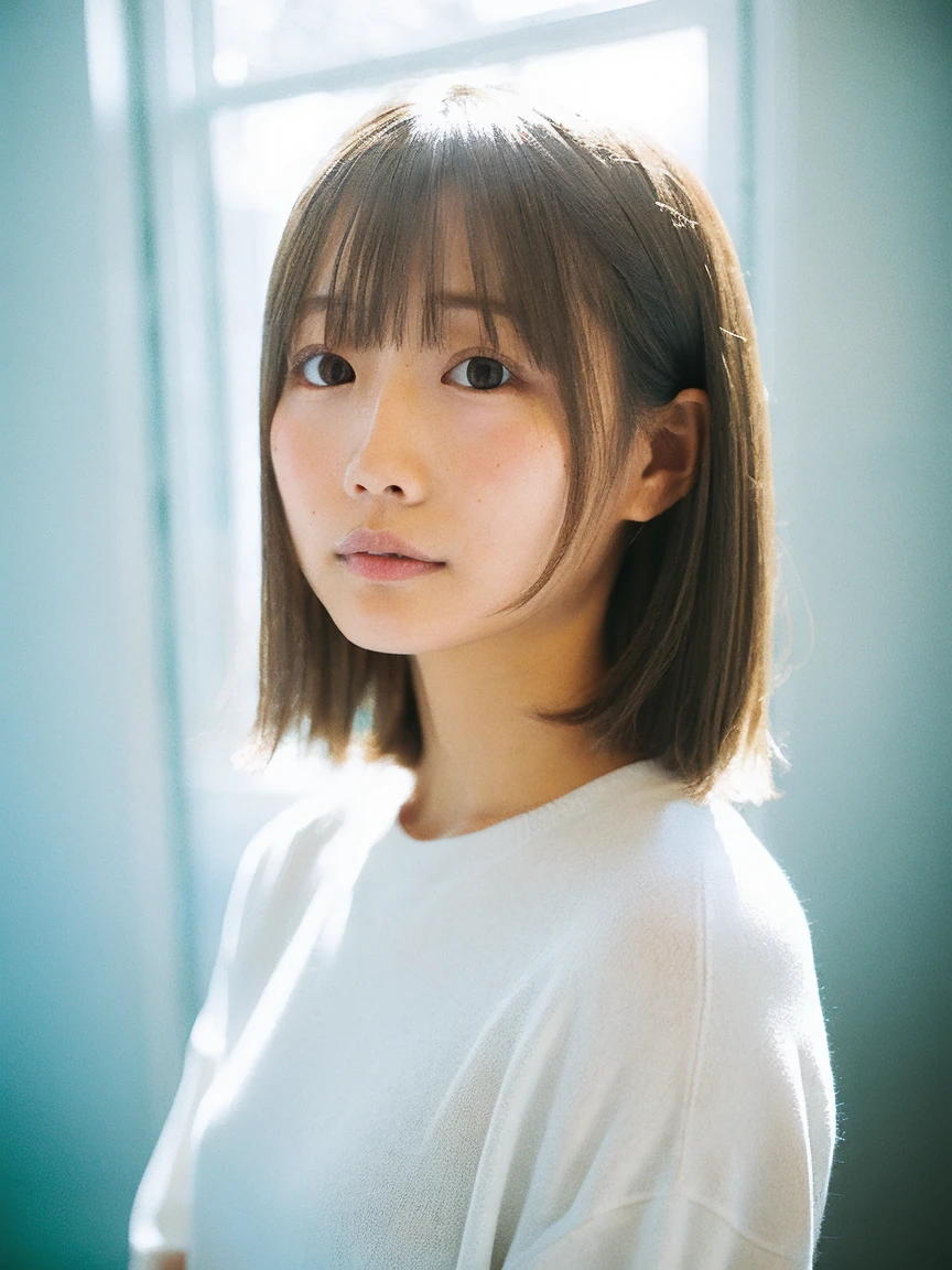 Japanese women, white sweater、Sweaty shiny skin、Young Face, Bob Cut Hair, morning, window, Incomplete details, Shooting with Leica, analog, 35mm:: (Artistic light leakage:1.4), Lens flare::4 - Style Row - AR 2:3 --s 150 --c 4