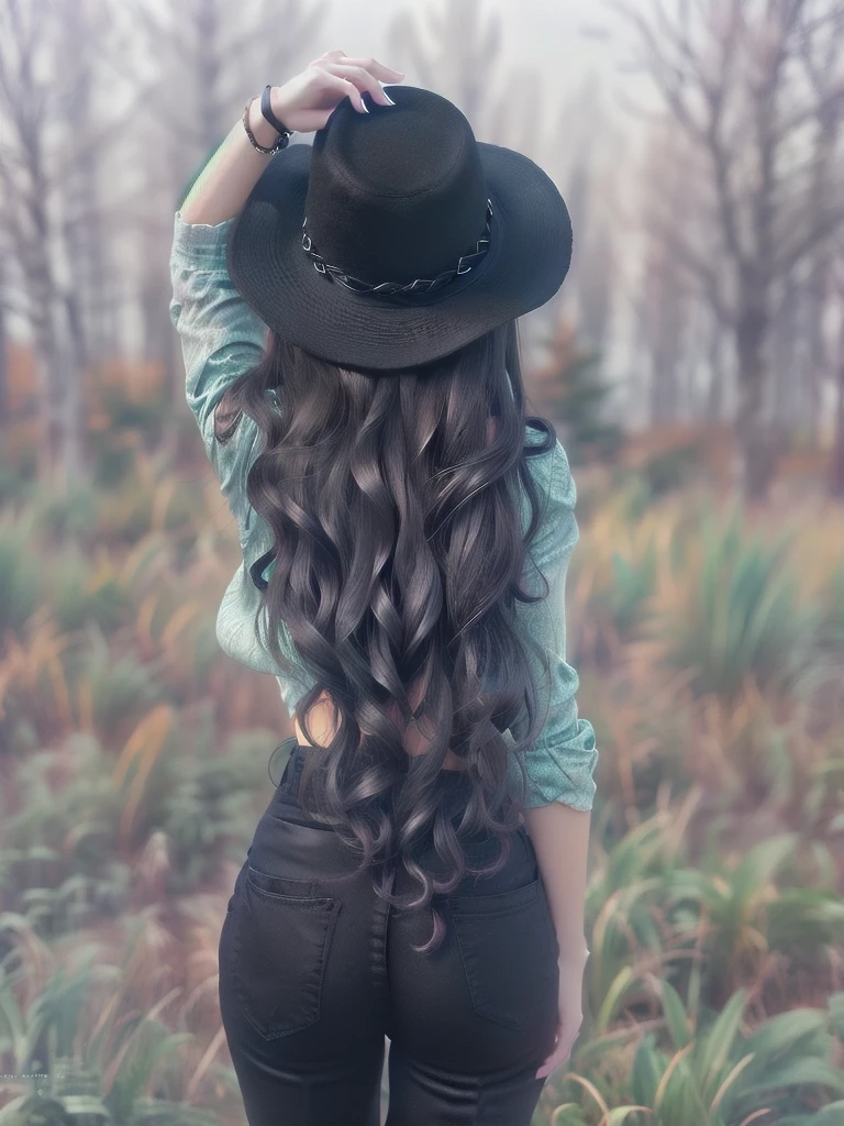  a girl in a hat and black pants standing in a field,  black wavy hair,  wavy black hair, long dark curly hair,  long and curly black hair ,  long hair  y oscuro en espiral,  wavy black hair y largo, long  wavy black hair,  dark curly hair ,  long hair , black and curly, wild,  long curly black hair ,  long hair  hasta la cintura, {{black hat