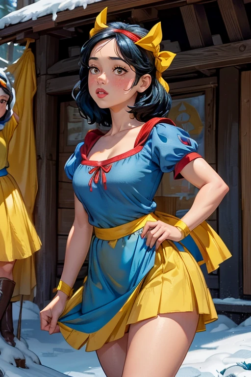 Masterpiece, 1girl, young girl, Jenna Ortega as Snow White, outside 7 dwarfs hut, (blue dress:1.1), (yellow skirt:1.2), (red ribbon headband:1.3), freckles, blushing, red lips, realistic face, 