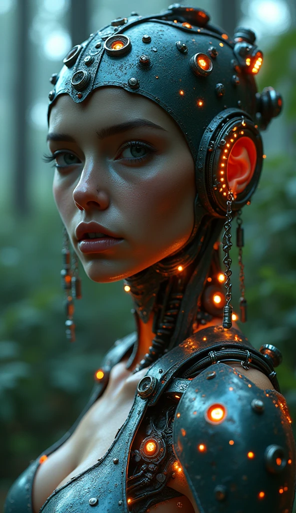 Top quality, masterpiece, Ultra-high resolution, ((Photorealistic: 1.4), raw photo, cyberpunk girl, shiny skin, mechanical girl, (Ultra realistic details)), Mechanical vertebrae attached to the spine, mechanical cervical fixation to the neck, small bright LED lamps, Global Illumination, deep shadows, octane rendering, 8K, ultra sharp, Metal, Intricate ornament details, Baroque details, Very intricate details, realistic light, Trend CGSoation, facing the camera, neon details, (In the Hot Summer Forest). high resolution, hyperrealism, VRAY,