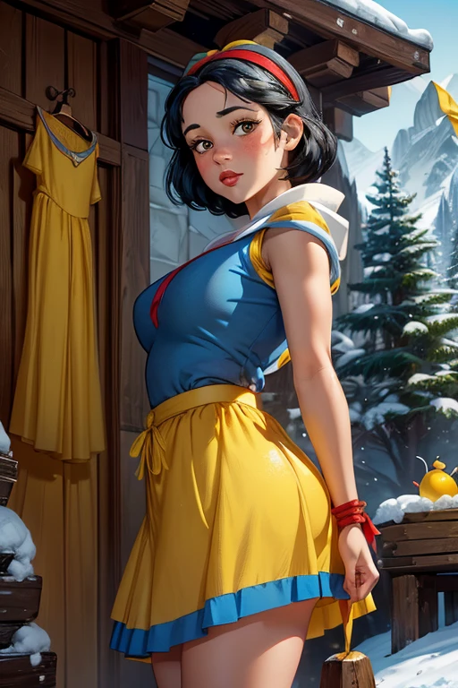 Masterpiece, 1girl, young girl, Jenna Ortega as Snow White, outside 7 dwarfs hut, (blue dress:1.1), (yellow skirt:1.2), (red ribbon headband:1.3), freckles, blushing, red lips, realistic face, james lemay art style 