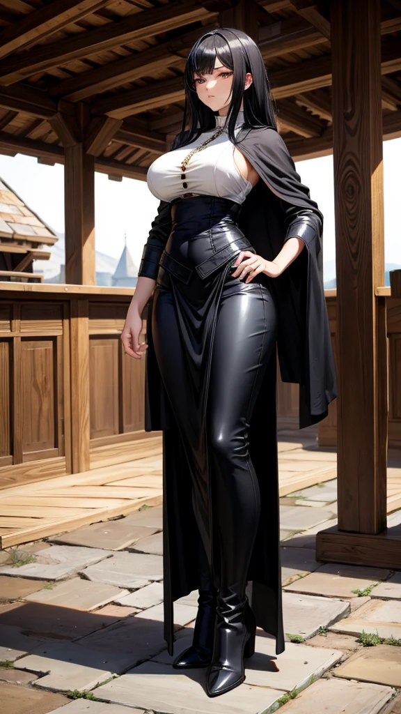 (Masterpiece, best quality), (highres, ultra-detailed), (perfect anatomy), outdoors, 1girl, solo, dress, sela, large breasts, tan, necklace, white sleeves, thighhighs, muscular, thighs, full body, priestess, church, religous, pants, coat, pullover, boots, body suit, bigdress, big robe,black body suit, HIGH BOOTS, feet together, toe to head