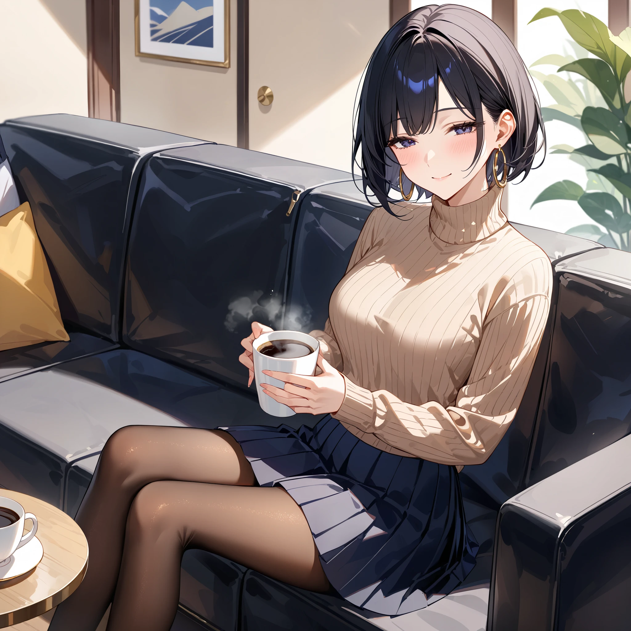 sitting, head tilt、light smile、Half-closed eyes、blush、Beautiful mature woman 、 black hair short hair、 turtleneck knit sweater、hoop earring、 pleats skirt, brown pantyhose、 cowboy shot、living、couch, drinking coffee, coffee, table, (masterpiece:1.2)、(Best Quality:1.2)、( very aesthetic :1.2)、( absurd:1.2)、( detailed background)、up to date、Safety、complicated、 very detailed skin、