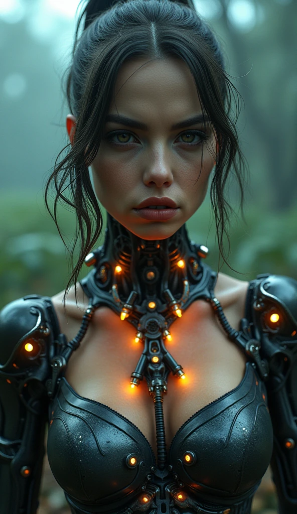 Top quality, masterpiece, Ultra-high resolution, ((Photorealistic: 1.4), raw photo, cyberpunk girl, shiny skin, mechanical girl, (Ultra realistic details)), Mechanical vertebrae attached to the spine, mechanical cervical fixation to the neck, small bright LED lamps, Global Illumination, deep shadows, octane rendering, 8K, ultra sharp, Metal, Intricate ornament details, Baroque details, Very intricate details, realistic light, Trend CGSoation, facing the camera, neon details, (In the Hot Summer Forest). high resolution, hyperrealism, VRAY,