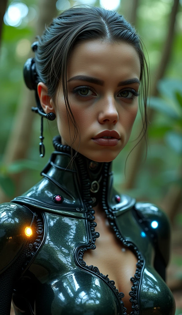 Top quality, masterpiece, Ultra-high resolution, ((Photorealistic: 1.4), raw photo, cyberpunk girl, shiny skin, mechanical girl, (Ultra realistic details)), Mechanical vertebrae attached to the spine, mechanical cervical fixation to the neck, small bright LED lamps, Global Illumination, deep shadows, octane rendering, 8K, ultra sharp, Metal, Intricate ornament details, Baroque details, Very intricate details, realistic light, Trend CGSoation, facing the camera, neon details, (In the Hot Summer Forest). high resolution, hyperrealism, VRAY,