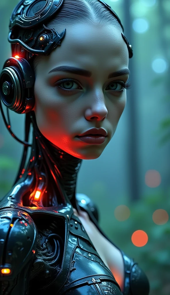 Top quality, masterpiece, Ultra-high resolution, ((Photorealistic: 1.4), raw photo, cyberpunk girl, shiny skin, mechanical girl, (Ultra realistic details)), Mechanical vertebrae attached to the spine, mechanical cervical fixation to the neck, small bright LED lamps, Global Illumination, deep shadows, octane rendering, 8K, ultra sharp, Metal, Intricate ornament details, Baroque details, Very intricate details, realistic light, Trend CGSoation, facing the camera, neon details, (In the Hot Summer Forest). high resolution, hyperrealism, VRAY,