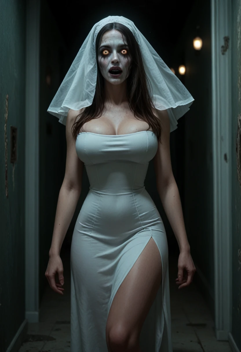  Subtly censor  ,  image suitable for the public . Ambiente macabro, horror scene.  Supersexy woman wearing a ghost costume  .  A woman's face completely covered For a White Veil  ,  body of a super sexy woman  ,  big breasts  ,  BIG T highlighted by the white dress  ,  small waist , sexy waist,  large hips, sexy hips, sexy ass, attractive butt, beautiful thighs,  striking thighs  , muslos grandes,  semitransparent white dress that highlights her beautiful curved scenery  ,  white dress fitted to her body  ,  beautiful simple white dress  ,  dress that is part of a ghost costume  ,  with excess fabric on the arms that allude to the shape of ghosts  ,  ghost pose scaring others  ,  parts of the costume become transparent with light  , scary scenario , scenario recreated in a dark quiet of a scary abandoned hotel , moist walls  , dimly lit hallway, ,  the burly ghost woman is perfectly illuminated by the ambient lights that reveal her beautiful figure.  Hyperrealistic composition style with semi-realistic details  ,  perfect composition  ,  A masterpiece of the highest quality, 16k quality,  high contrast,  Focus on the details , scary semi-dark environment ,  The scene and the macabre environment predominate , scary.